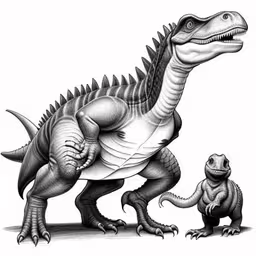 a dinosaur and a man are shown, one of which is drawing,a small dinosaur and its mother,a large dinosaur with a smaller dinosaur standing nearby,a drawing of an adult dinosaur and child in black and white,a mother dinosaur and her small kid