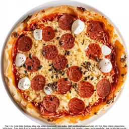 a pepperoni and cheese pizza with black pepper, sausage and white cheese