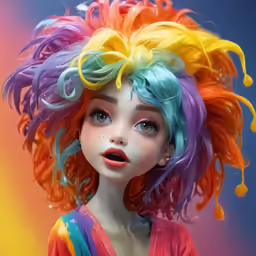 a young girl with colorful hair and curly ends wearing an odd wig