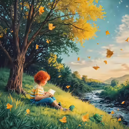 a red headed girl sitting under a tree on top of grass