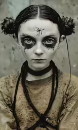 the woman has blue eyes and make up