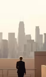 a business woman looking out over the city
