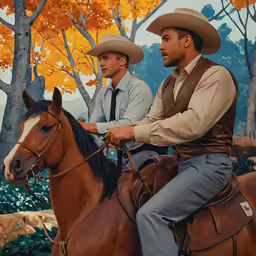 two men in western hats are riding horses
