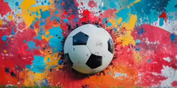 a soccer ball resting on a painted wall