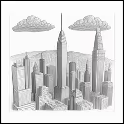 a drawing of city buildings that is featured in the sky,a pencil drawing of a cityscape is shown
