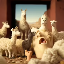 llamas, sheep, and goats all standing on a table