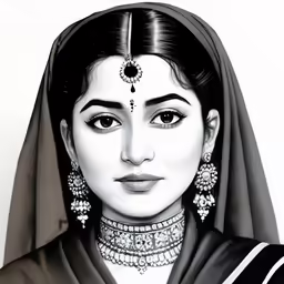 a woman in black and white wearing traditional jewelry