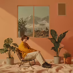 a woman in a yellow robe sitting on a chair in front of some plants