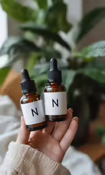 two white bottles with black letters in one and a brown one in the other