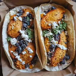 two tacos with black beans and herbs sitting in a box