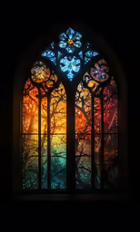 a stained glass window on a black background with flowers in the center