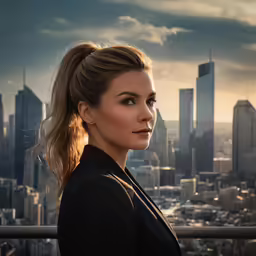 a woman posing in front of a city skyline