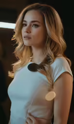 a woman is posing in white shirt