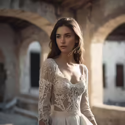 a beautiful woman standing in a white dress