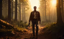 a man in brown jacket walking down a path,the person is walking in the woods wearing glasses