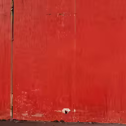 a dog standing in front of a red wall