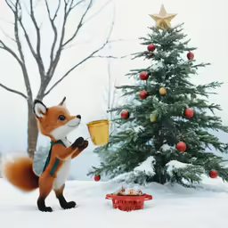 a small toy squirrel is near a small christmas tree