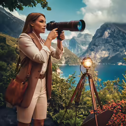 a woman holding a camera looking into the distance while standing in a park with flowers, trees and mountains behind her