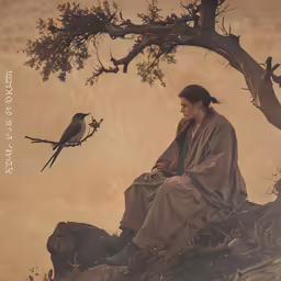 an artistic image of a man sitting on top of a rock