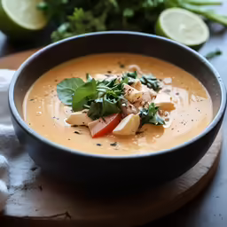 a black bowl filled with a creamy soup, topped with chopped green herbs