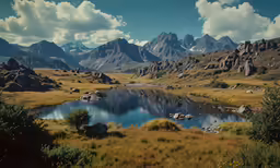 a lake surrounded by rocky mountains next to some grass