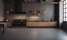 a large industrial styled kitchen with minimalist lighting