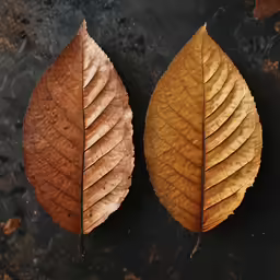 two brown leaves are pictured laying on a black surface