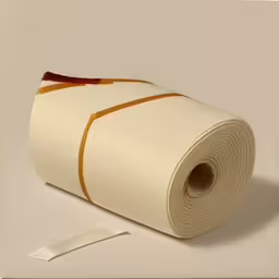 a roll of white paper next to a roll of brown tape,a roll of tape next to a roll of toilet paper