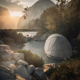 a tent and a body of water near mountains