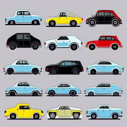 a large group of different colored cars,several colorful cars lined up in rows with different colors
