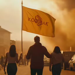 two people carrying a large flag down a street
