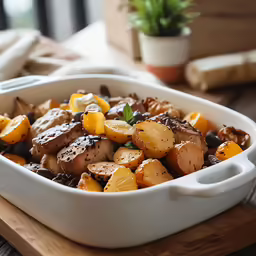a dish with some chicken and potatoes sitting on a cutting board