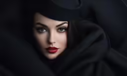 a young woman with blue eyes and lips has a black blanket around her
