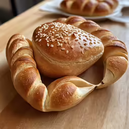 several rolls are displayed on a table next to a plate