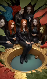 a group of women in black leather outfits sitting around a golden object