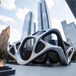 large sculpture in the center of a large city