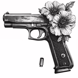 an illustration of a gun with a flower and bullet