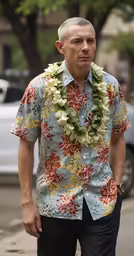 a man walking down the sidewalk wearing a floral shirt and a lei