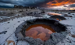 an earthy landscape at sunset with a partially full puddle of water
