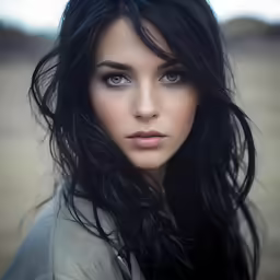 a woman with black hair and blue eyes is staring at the camera