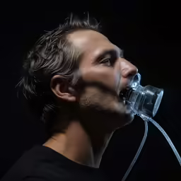a man who is wearing an oxygen tube with a mask on