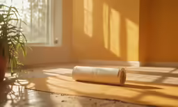 a rolled up tube is on a rug next to some plants