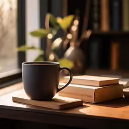 a coffee mug is on a coaster next to some books