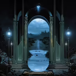 a tunnel leads out into a dark place with two lamps