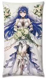 an anime pillow that is holding a bouquet of roses