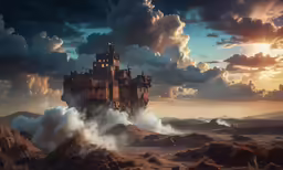 a strange castle is in the middle of a desert
