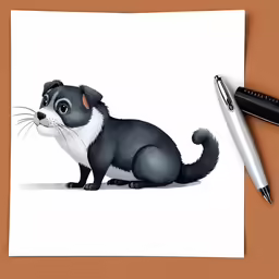 a paper with a watercolor drawing of a small dog