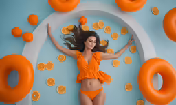 a woman posing in a yellow bikini by an orange pattern with lots of fruit