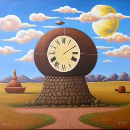 this is an oil painting of a clock in a landscape,a painting of a large clock is shown