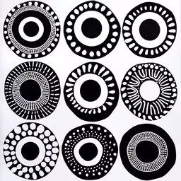 a drawing of circles and different dots,an abstract art print featuring several circles